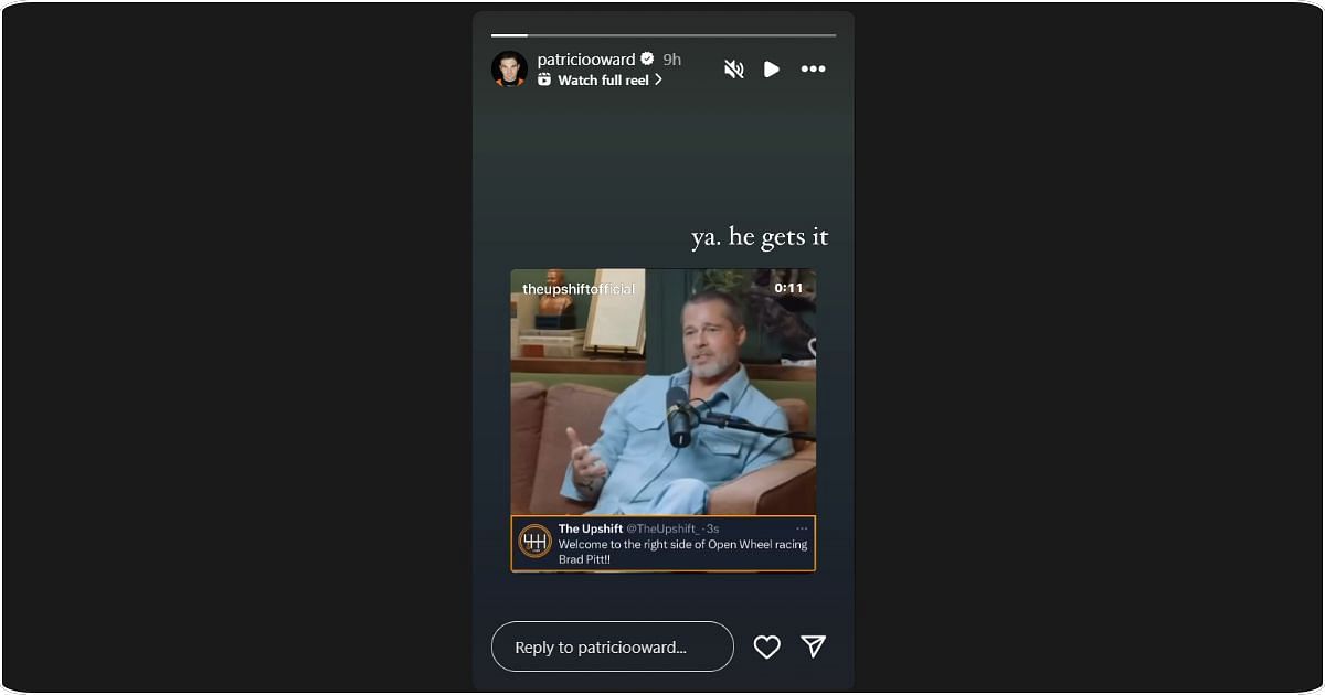 Pato O'Ward reacted to movie star Brad Pitt speaking about IndyCar racing. Images: @patriciooward via Instagram